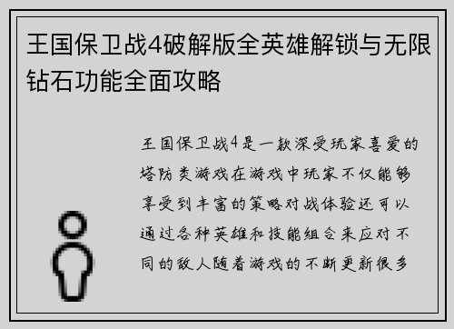 王国保卫战4破解版全英雄解锁与无限钻石功能全面攻略